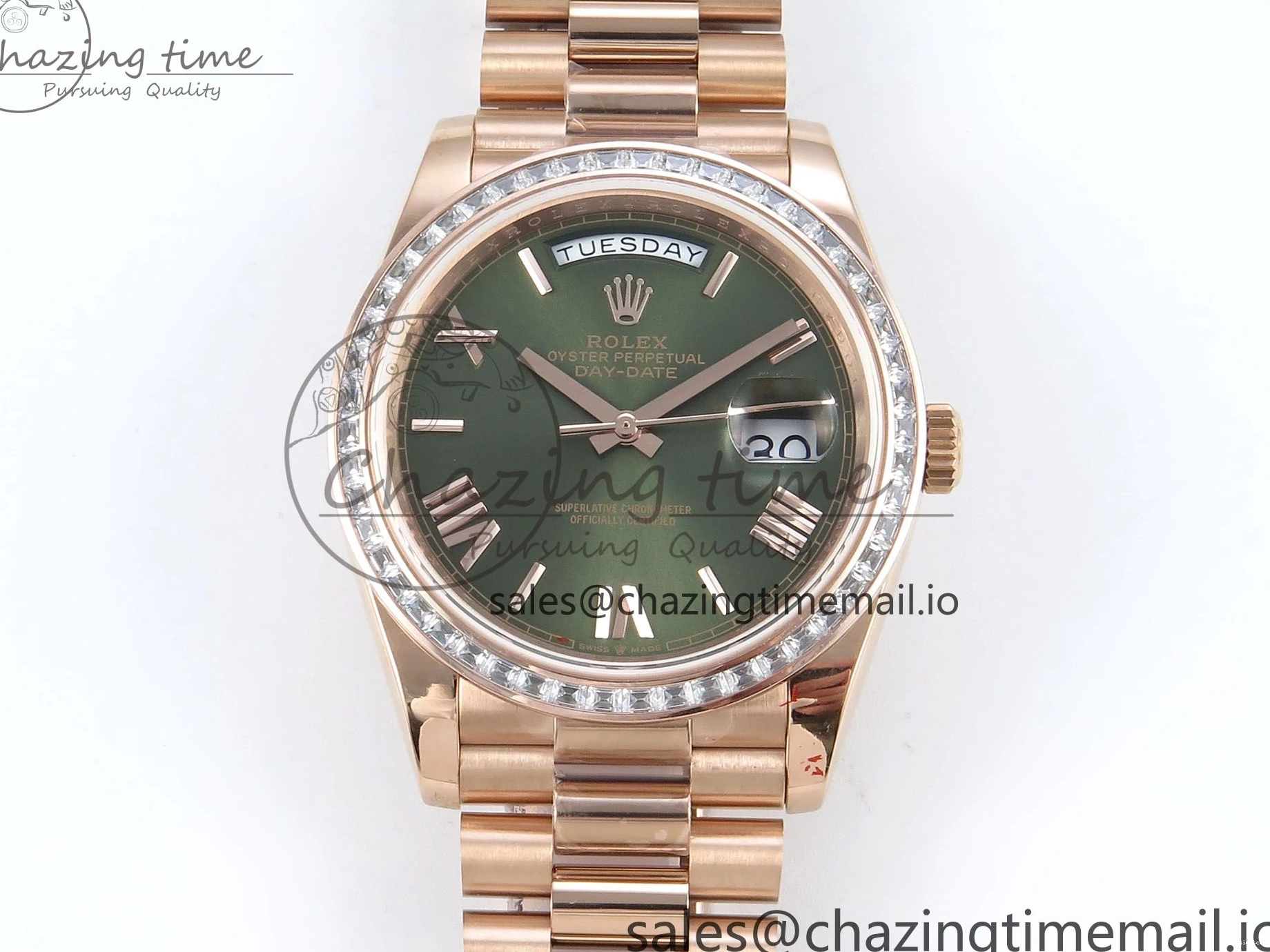 Roman on Weight) DayDate Best Green Dial President V5 A2836 1:1 Bracelet Edition 40 Bezel RG QF Diamonds (Gain 0111
